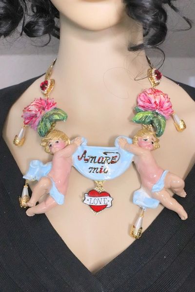 SOLD! 5156 Amore Mio Baroque Hand Painted Musical Cherubs Angels Roses Necklace