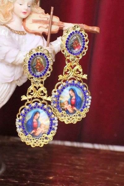 SOLD! 5169 Virgin Mary Madonna Cameo Doble Cameo Blue Earrings Studs