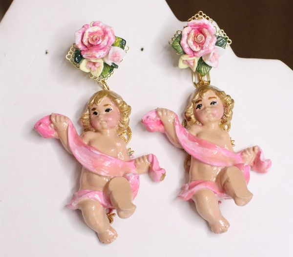 SOLD! 5170 Baroque Hand Painted Pink Banner Roses Cherubs Angels Earrings Studs