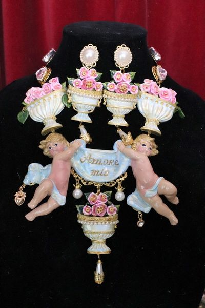 SOLD! 5171 Amore Mio Baroque Hand Painted Musical Cherubs Angels Vases Necklace