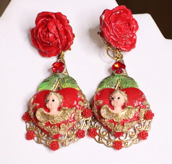 SOLD! 5216 Baroque Hand Painted Red Heart Roses Massive Earrings Studs