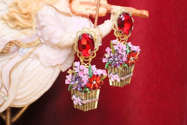 SOLD! 5221 Baroque Metal Vase Roses Hand Painted Elegant Earrings Studs