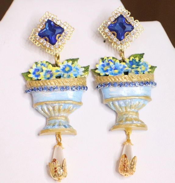 SOLD! 5223 Baroque Blue Hand Painted Vase Elegant Blue Rhinestone Earrings Studs