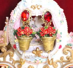 SOLD! 5236 Baroque Flower Pod Elegant Red Roses Rhinestone Earrings Studs