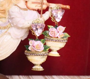 SOLD! 5238 Baroque Flower Vase Pink Roses Elegant Pink Rhinestone Earrings Studs