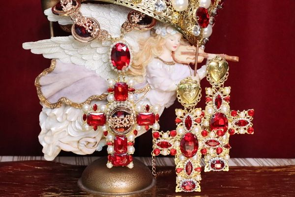 SOLD! 5255 Alta Moda Fall 2019 Baroque Huge Filigree Red Crystal Cross Studs