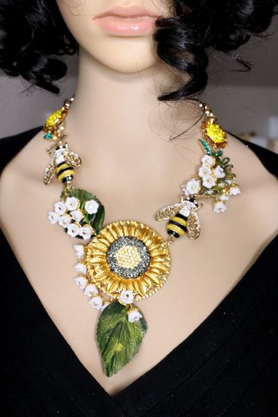 SOLD! 5258 Crystal Baroque Sunflower Lily Of The Valley Enamel Bee Necklace
