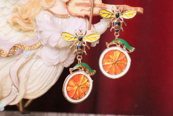 SOLD! 5259 Enamel Bee Orange Fruit Sicilian Earrings Studs