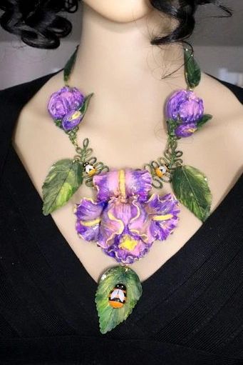 SOLD! 5263 Set Of Huge Hand Painted Iris Tulips Bee Necklace+ Earrings
