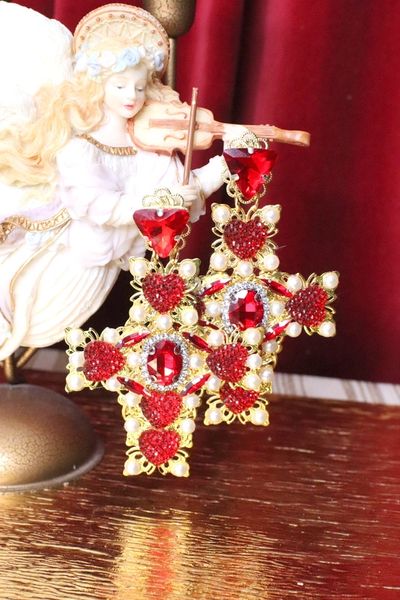 SOLD! 5272 Alta Moda Fall 2019 Baroque Huge Filigree Red Hearts Crystal Cross Studs