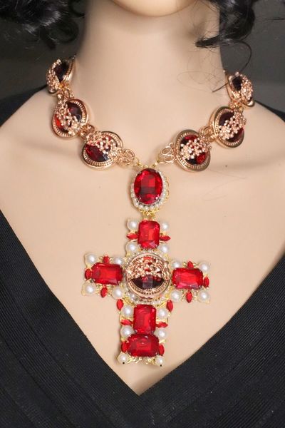 SOLD! 5274 Baroque Massive Red Rhinestone Cross Necklace