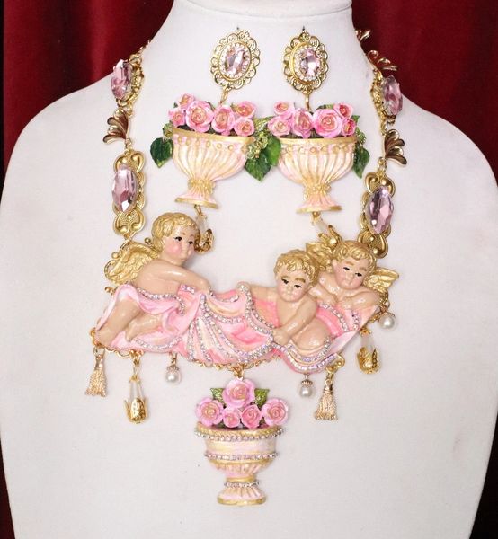 SOLD! 5276 Baroque Cherubs Holding Vase Hand Painted Necklace