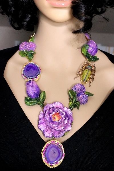 SOLD! 5278 Set Of Huge Genuine Solar Quartz Hand Painted Peony Tulips Bee Necklace+ Earrings