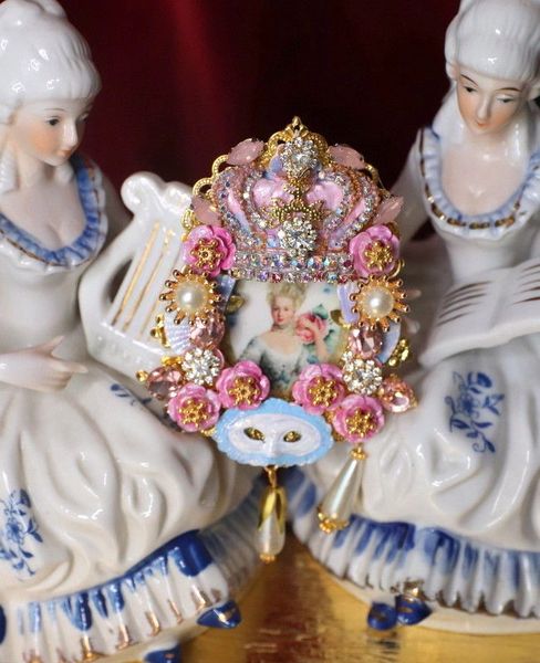 SOLD! 5283 Young Marie Antoinette Hand Painted Roses Crown Massive Brooch+ Earrings