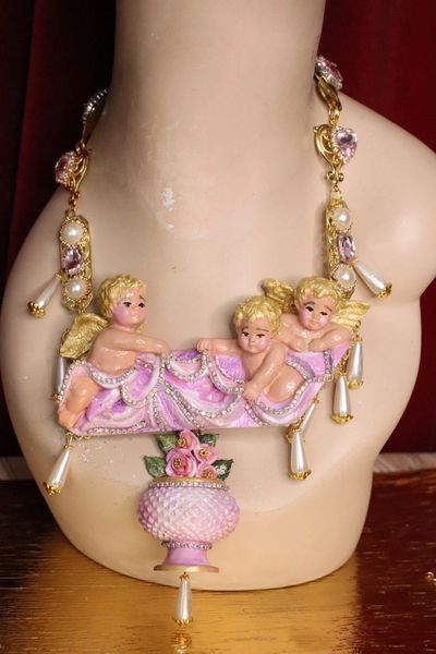 SOLD! 5296 Baroque Cherubs Holding Vase Hand Painted Necklace Set