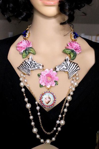 SOLD! 5303 Set Of Baroque Faced Zebras Sacred Heart Flowers Hand Painted Necklace + Earrings