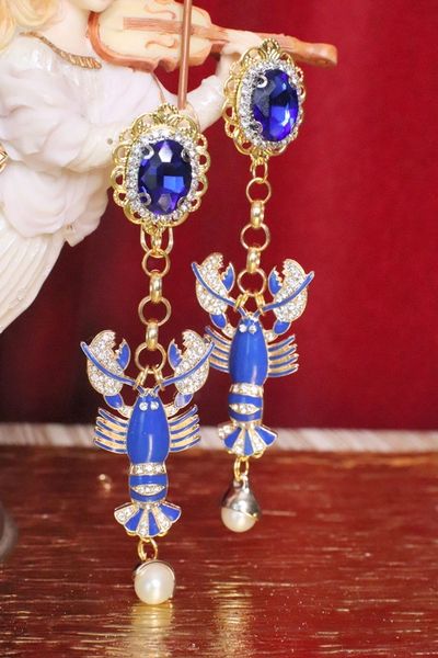SOLD! 5305 Baroque Blue Lobster Enamel Elegant Earrings Studs