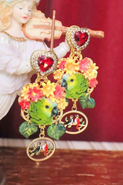 SOLD! 5307 Baroque Vacation Cancun Parrots Flower Earrings Studs