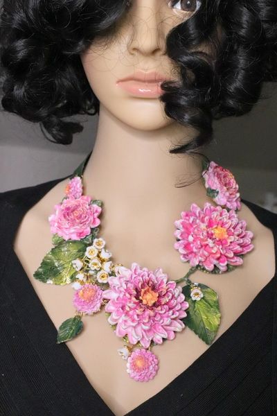 SOLD! 5311 Baroque Art Nouveau Vivid Asters Flowers Lily Of The Valley Hand Painted Necklace Set