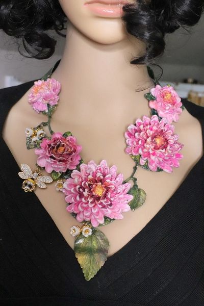 SOLD! 5312 Baroque Art Nouveau Vivid Asters Flowers Crystal Bee Hand Painted Necklace Set
