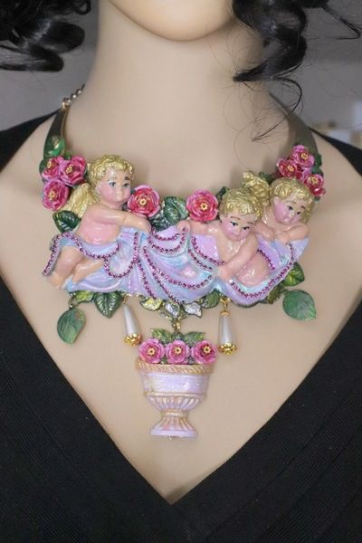 SOLD! 5317 Baroque Cherubs Holding Vase Roses Hand Painted Necklace Set