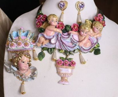 SOLD! 5318 Baroque Chubby Cherub Crown Hand Painted Massive Brooch