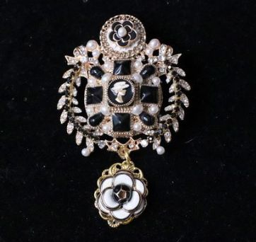 SOLD! 5323 Camellias Enamel Massive Gold Genuine Pearl CrystalBrooch