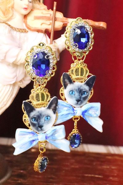 SOLD! 5324 Runway Baroque Cat Blue Bow Adorable Earrings
