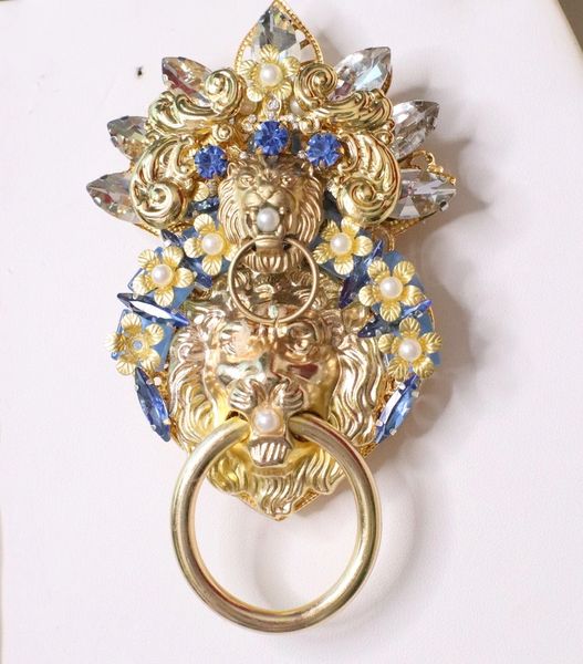 SOLD! 5327 Huge Double Lion Blue Crystal Baroque Brooch