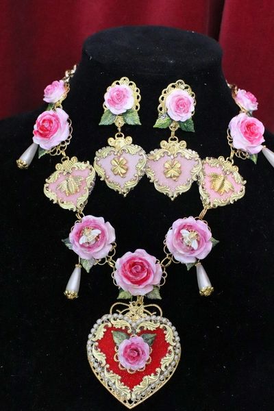 SOLD! 5328 Set Of Baroque Roses Hearts Pearl Necklace + Earirngs