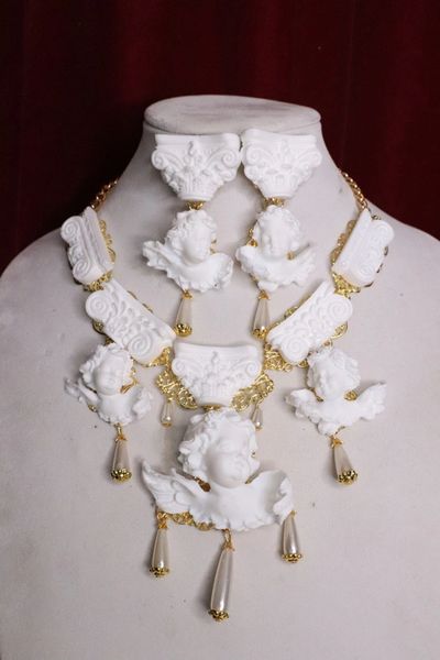 SOLD! 5336 Baroque Runway White Architect Chubby Cherubs Angels Roman Column Necklace