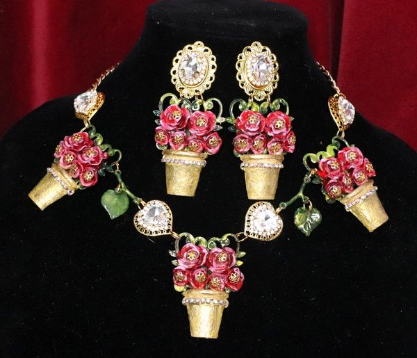 SOLD! 5355 Set Of Flower Pods Roses Hand Painted Baroque Runway Necklace+ Earrings