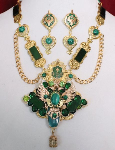 SOLD! 5356 Set Of Medieval Eagle Genuine Malachite Emeralds Necklace+ Earrings