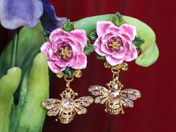 SOLD! 5359 Hand Painted Rose Enamel Bee Elegant Studs Earrings