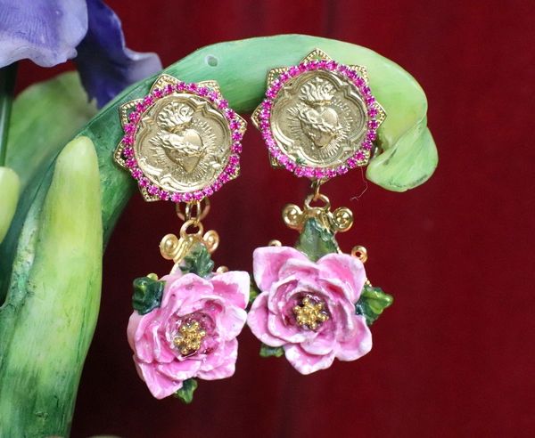 SOLD! 5361 Hand Painted Rose Sacred Heart Fuchsia Elegant Studs Earrings