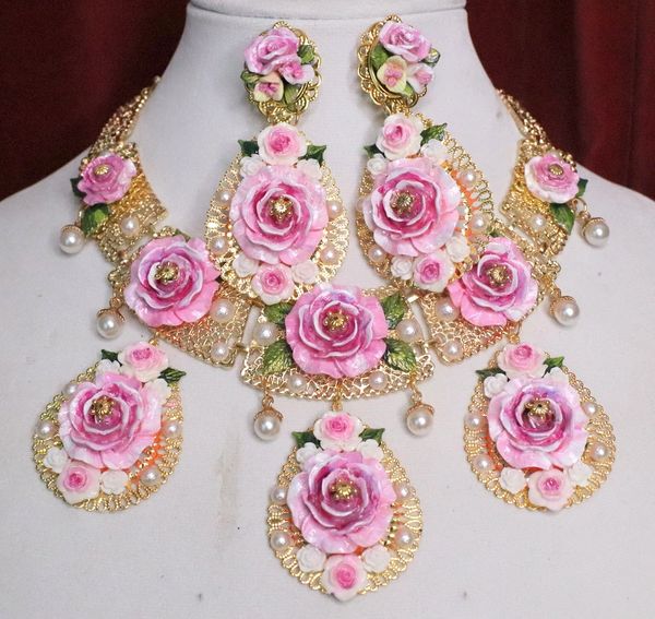 SOLD! 5362 Set Of Baroque Hand Painted Roses Runway Massive Necklace+ Earrings