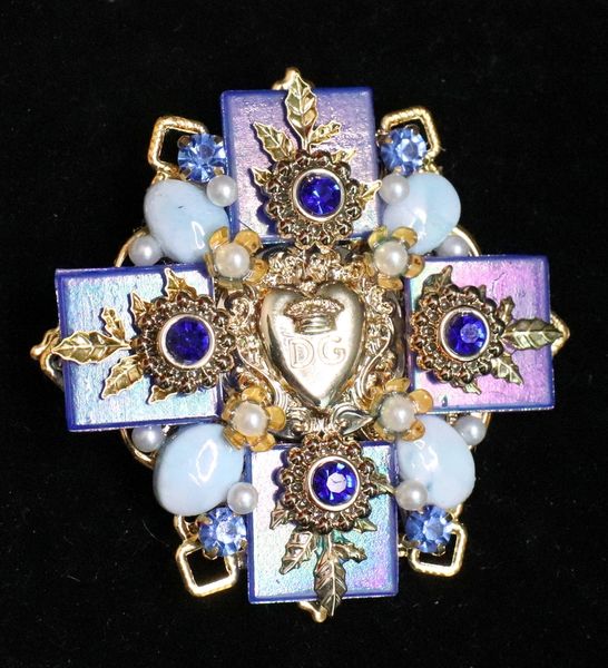 SOLD! 5364 Re-purposed DG Button Baroque Lilac Blue Iridescent Huge Brooch