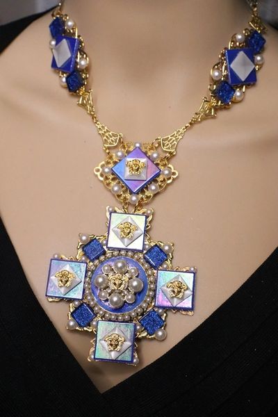 SOLD! 5366 Baroque Iridescent Blue Medusa Runway Massive Cross Necklace