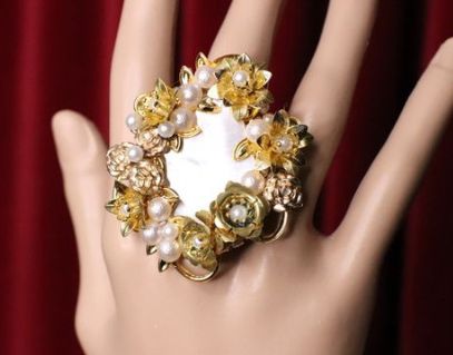 SOLD! 5374 Genuine Huge Mother Of Pearl Gold Flowers Pearl Cocktail Adjustable Ring
