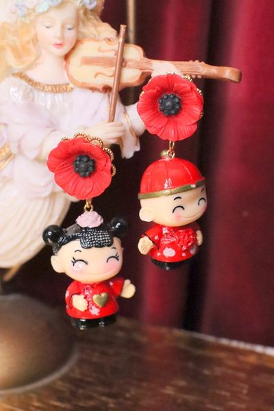 SOLD! 5379 Japanese Dolls Adorable Irregular Poppy Earrings Studs