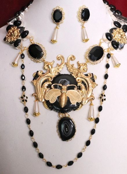 SOLD! 5417 Set Of Genuine Solar Quartz Agate Baroque Bee Dragon Pearl Necklace