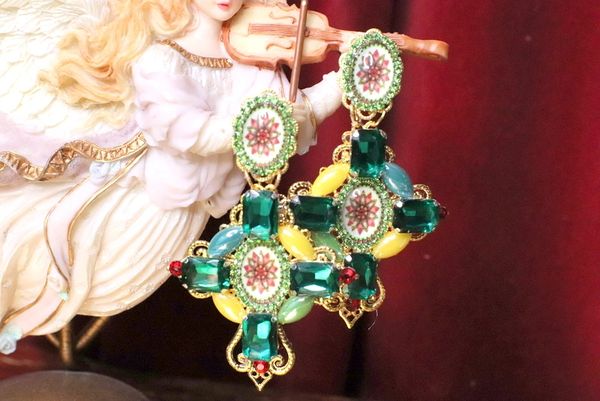 SOLD! 5419 Baroque Green Colorful Eye-Catching Cross Studs Earrings