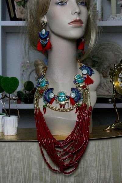 SOLD! 669 Maya Tribal SET Coral Beaded Turquoise Maya Statement Necklace+ Earrings