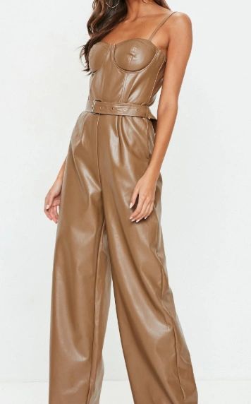 5432 Runway Trendy PU Leather Nude Belted Jumpsuit US4