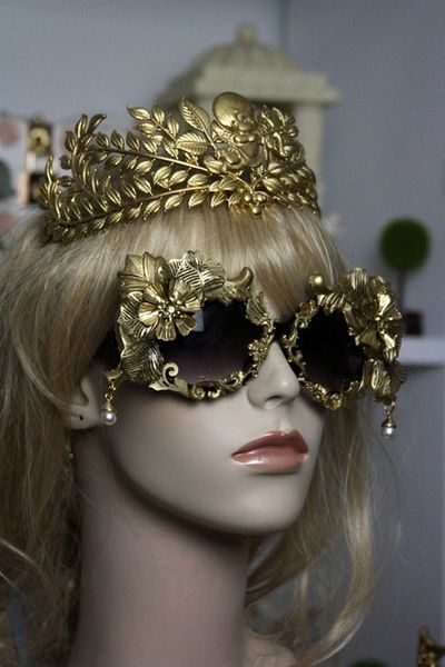 SOLD! 671 Total Baroque Gold Filigree Metal Flower Embellished Sunglasses UV400