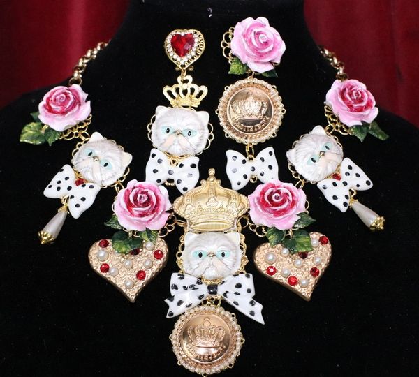 SOLD! 5444 Set Of Hand Painted Polka Dot Bow Baroque Enamel Cats Roses Necklace+ Earrings