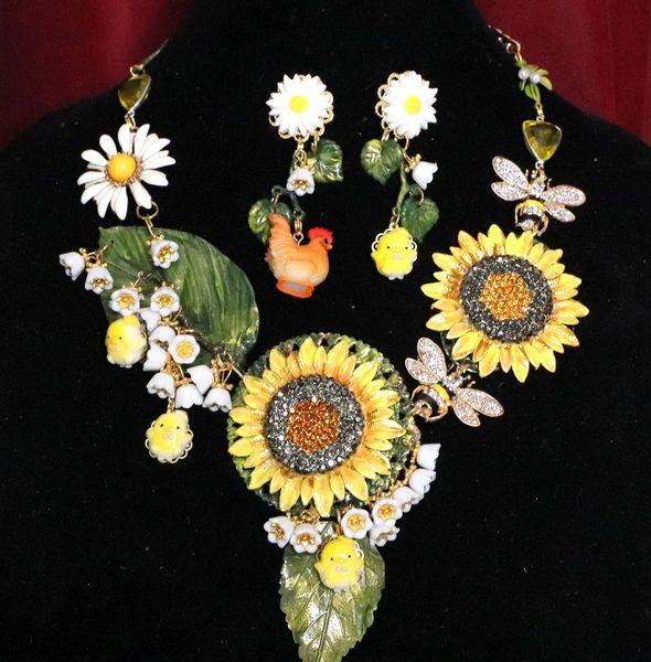 SOLD! 5446 Set Of Hand Painted Rooster Enamel Sunflowers Bee Chicks Necklace+ Earrings