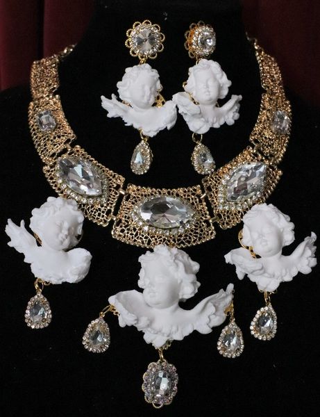 SOLD! 5466 Baroque White Chubby Cherubs Clear Crystal Necklace