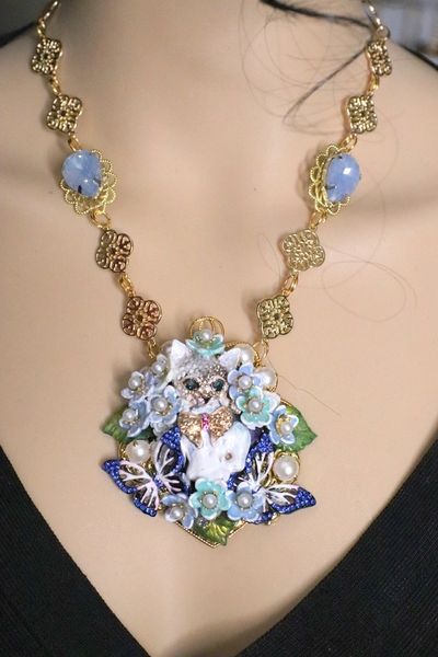 SOLD! 5467 Baroque Adorable Enamel Cat Hand Painted Massive Pendant Crystal Necklace