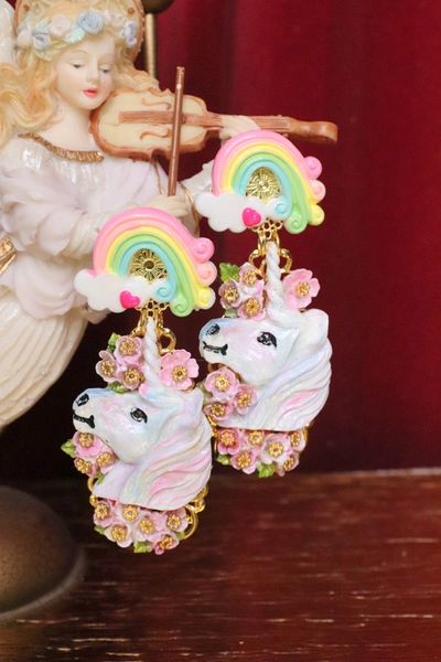 SOLD! 5469 Baroque Colorful Unicorns Roses Rainbow Massive Studs Earrings